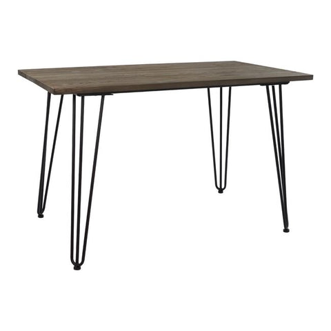 Black mat table with metal legs and wooden top .