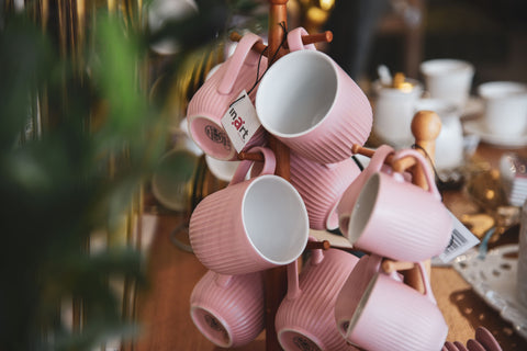 Set Of 6 Porcelain Mugs Pink